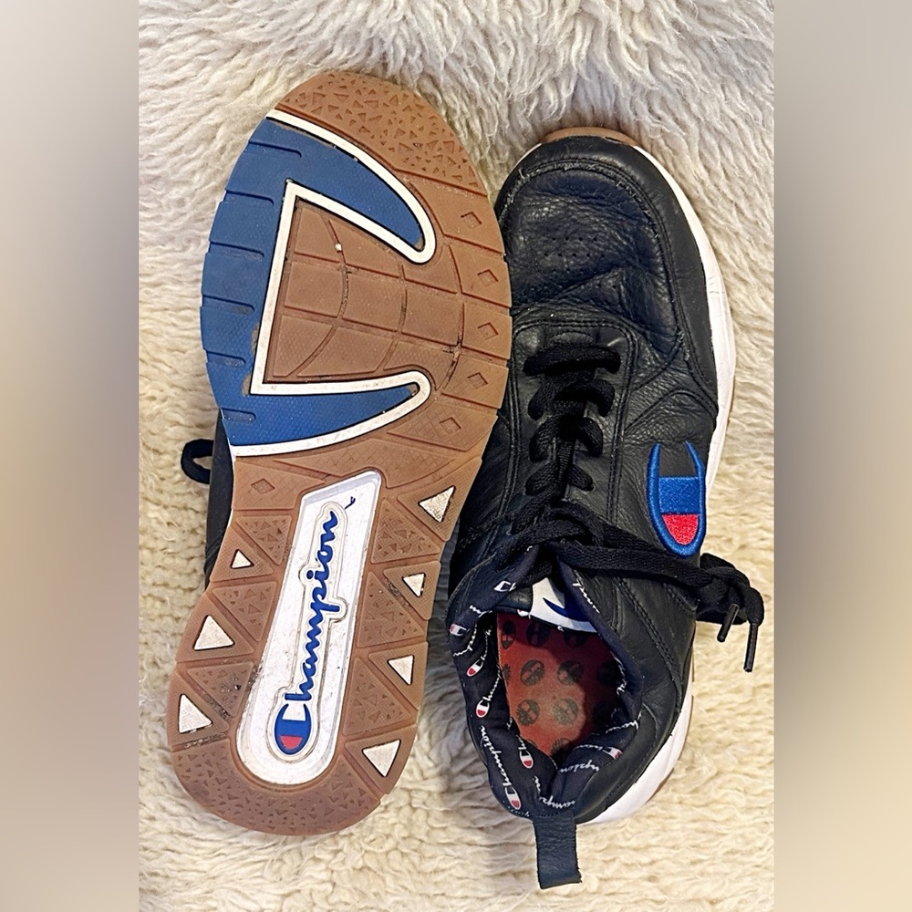 Champion Soft Leather Black Sneakers with Blue & Red Logo Accents
